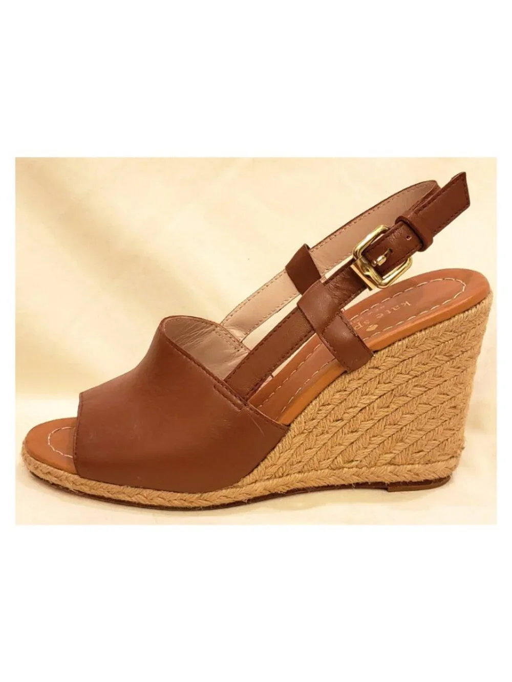 Kate Spade New York Espadrille Wedge Sandals Size 7M Cognac/Brown Leather